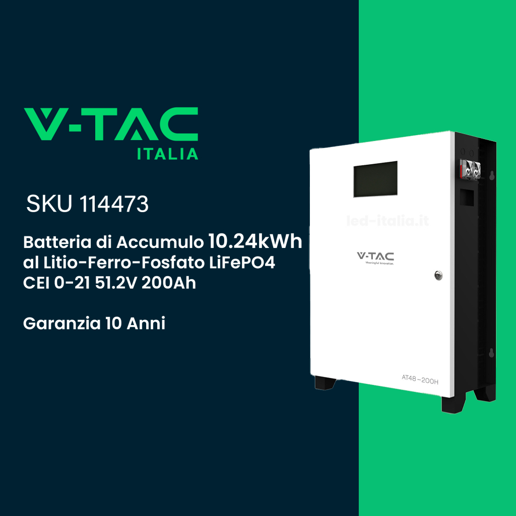 Batteria di Accumulo 10.24kWh al Litio-Ferro-Fosfato LiFePO4 BMS Integrato per Inverter Fotovoltaici CEI 0-21 51.2V 200Ah Schermo Touch Garanzia 10 Anni SKU-114473