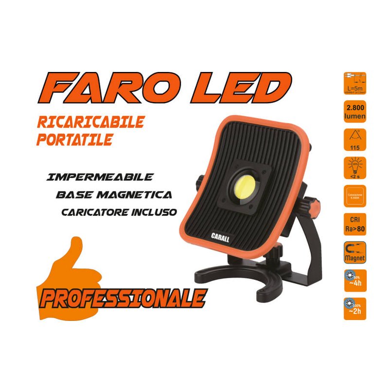 Proiettore Faro Led Flood Professionale 30W Ricaricabile e Cavo 5 Metri Dual System Base Magnetica Batteria Estraibile Utilizzabile Come Power Bank