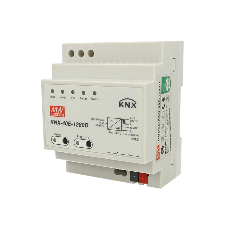 MeanWell KNX-40E-1280D Alimentatore KNX Con Funzione Diagnosi 30V 1280 mA 38,4W Konnex Per Guida DIN Binario