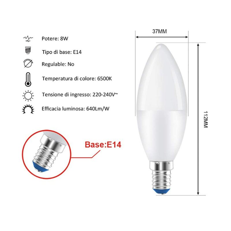 Lampada A Led E14 C37 8W Bianco Caldo 3000K 720 Lumen