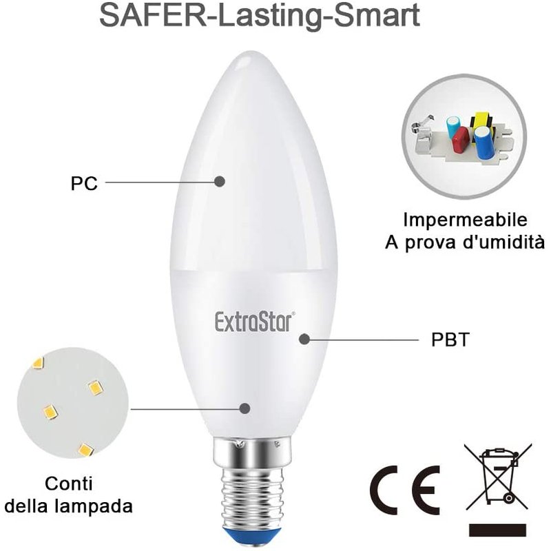 2 PZ Lampada A Led E14 C37 8W Bianco Caldo 3000K 720 Lumen