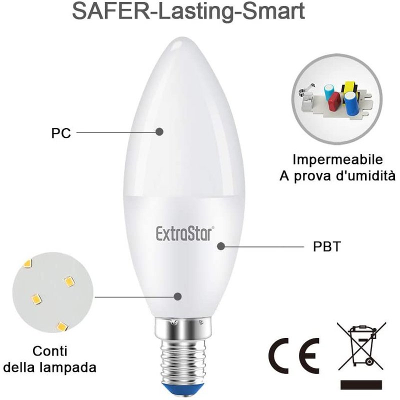 2 PZ Lampada A Led E14 C37 8W Bianco Freddo 6500K 720 Lumen