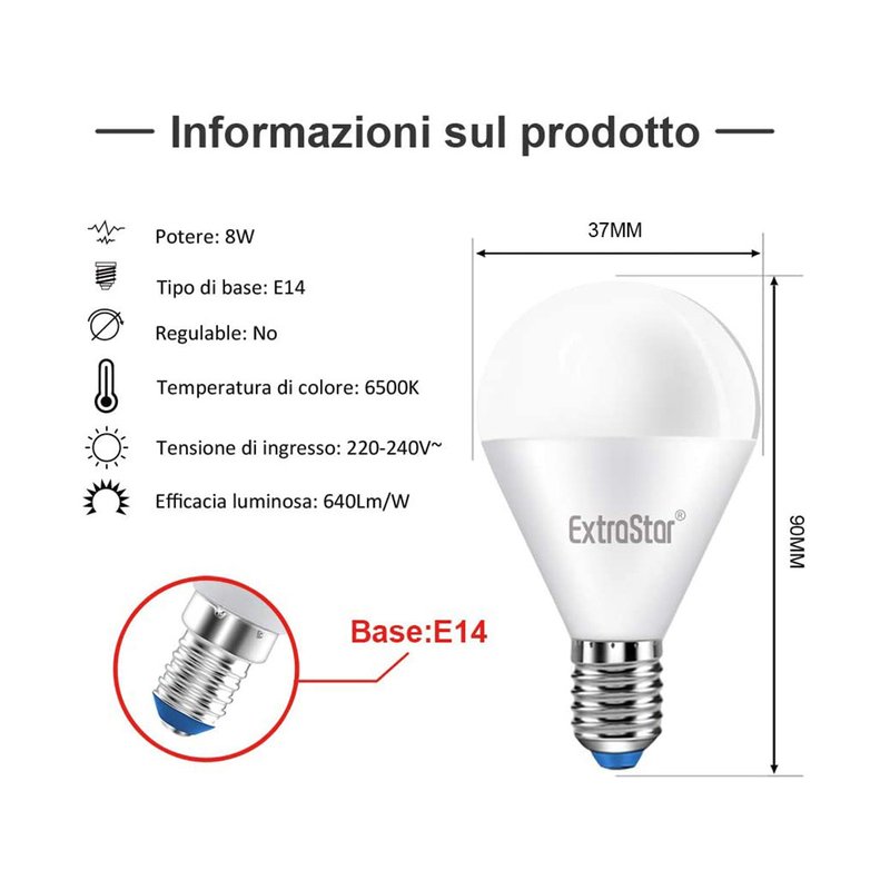 2 PZ Lampada A Led E14 P45 G45 8W Bianco Caldo 3000K 720 Lumen