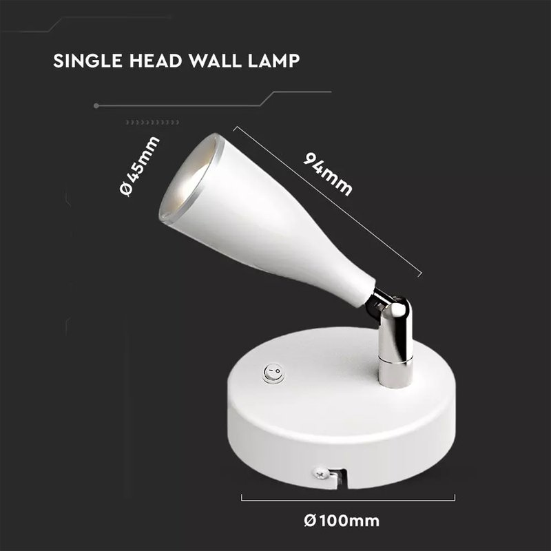 Applique Lampada Led Da Parete Con Interruttore Carcassa Bianca 3000K Testa Orientabile IP20 4,5W SKU-218675