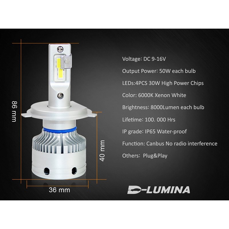 Kit Full Led H4 12V 50W 8000 Lumen Canbus All In One IP65 Dissipazione a Ventola