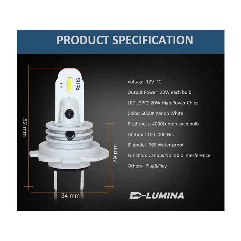 Lampada Led H7 12V 20W Fendinebbia IP65 Bianco 6000K 2000LM 360 Gradi Canbus Slim