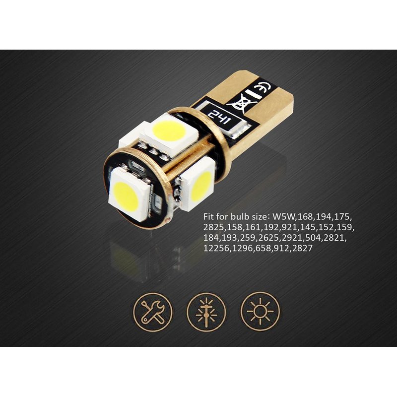 10 Lampada Led T10 W5W Canbus 12V 5 SMD 5050 Bianco Freddo 6000K + Leva Rimozione Antigraffio