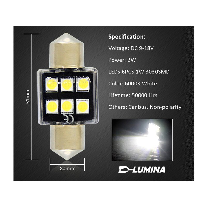 4 Lampada Led T11 Canbus 31mm 12V 2W Effettivo Con 6 Smd 3030 Bianco 6000K No Polarita