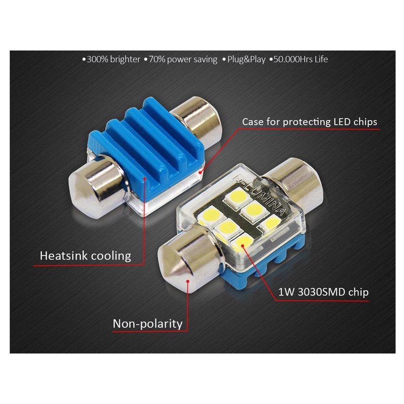 4 Lampada Led T11 Canbus 31mm 12V 2W Effettivo Con 6 Smd 3030 Bianco 6000K No Polarita