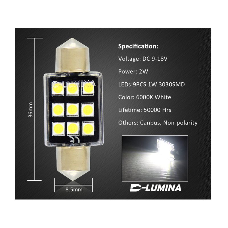 4 Lampada Led T11 Canbus 36mm 12V 2W Effettivo Con 6 Smd 3030 Bianco 6000K No Polarita