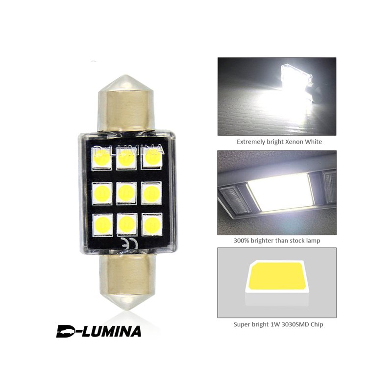 4 Lampada Led T11 Canbus 36mm 12V 2W Effettivo Con 6 Smd 3030 Bianco 6000K No Polarita