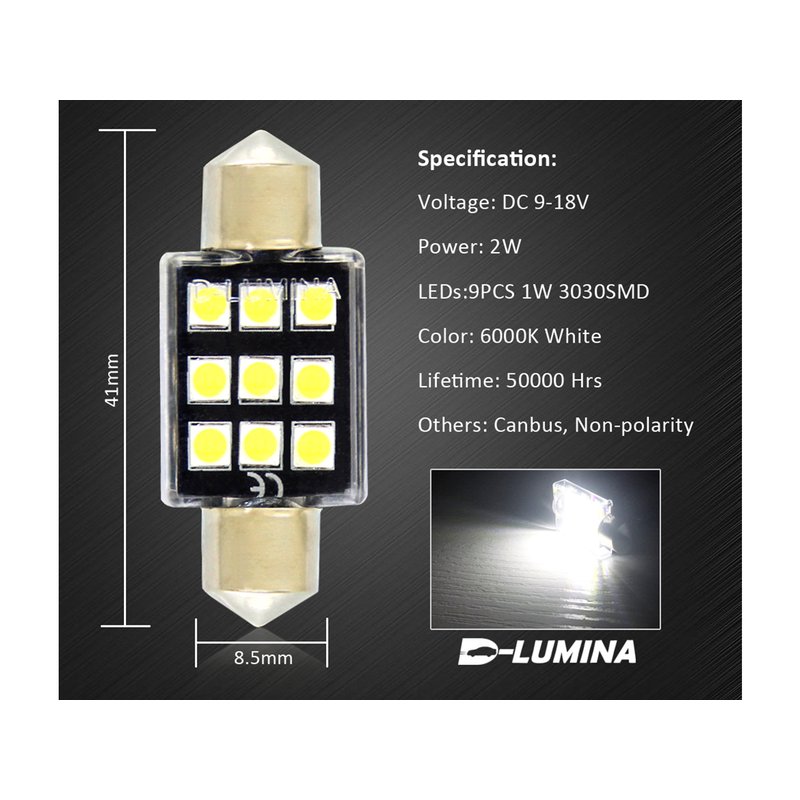 4 Lampada Led T11 Canbus 41mm 12V 2W Effettivo Con 6 Smd 3030 Bianco 6000K No Polarita