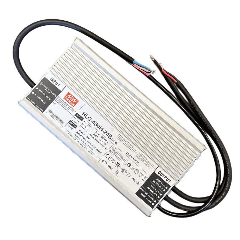 MeanWell HLG-480H-24B Alimentatore IP67 480W 24V 20A Dimmerabile 1-10V PWM Input 220V e 110V