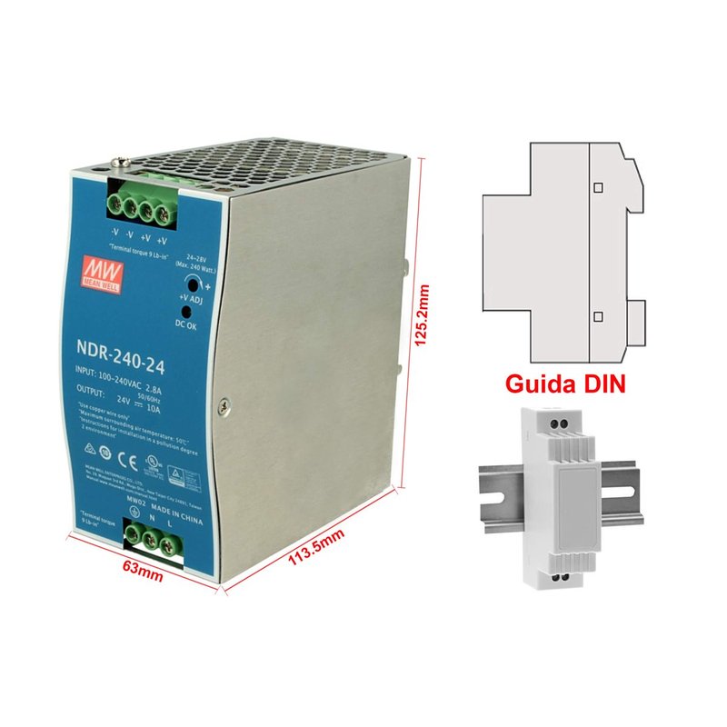 MeanWell NDR-240-24 Trasformatore Rotaia Industriale 24V 240W 10A Barra Guida DIN Rail Power Supply Input 220V 110V