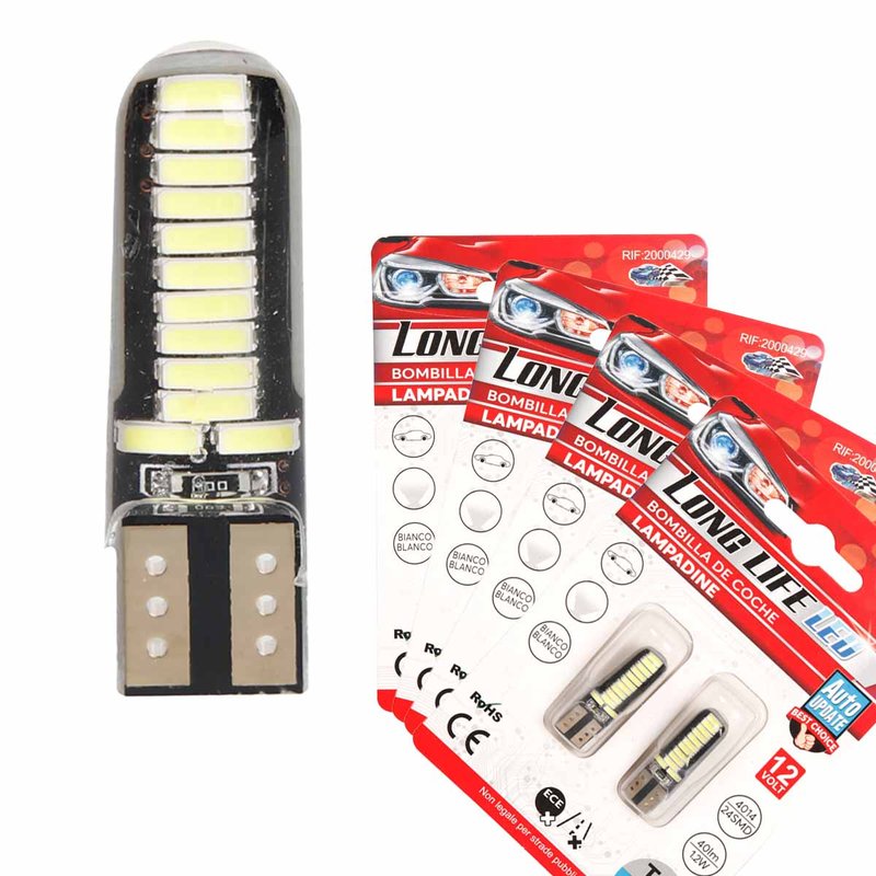 8 Pezzi Lampada Led T10 W5W 24 SMD 4014 12V 1.2W 40lm Bianco Freddo 6500K 34mm