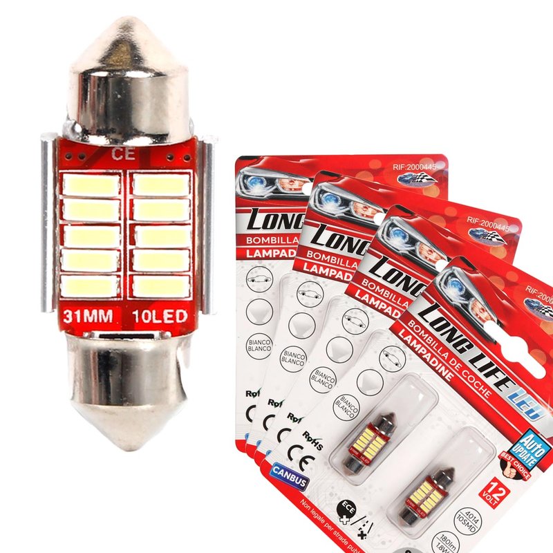 8 Pezzi Lampada Led Siluro 31mm Canbus T11 SV8.5 C5W 10 SMD 4014 12V 1.8W 180lm Bianco Freddo 6500K