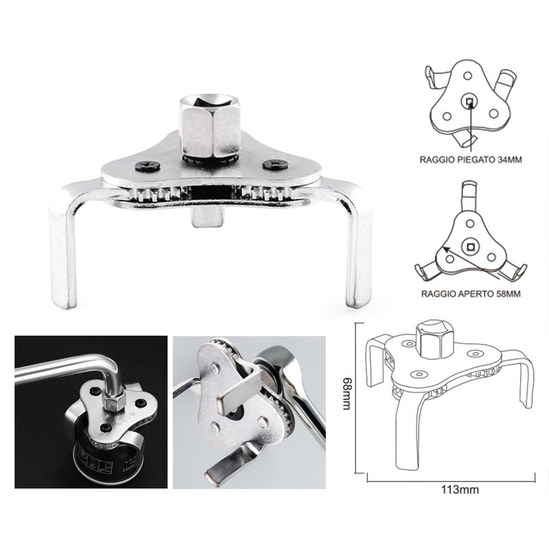 Strumento Rimozione Filtro Auto Modello Ragno Con 3 Pinze Regolabile 55-115mm