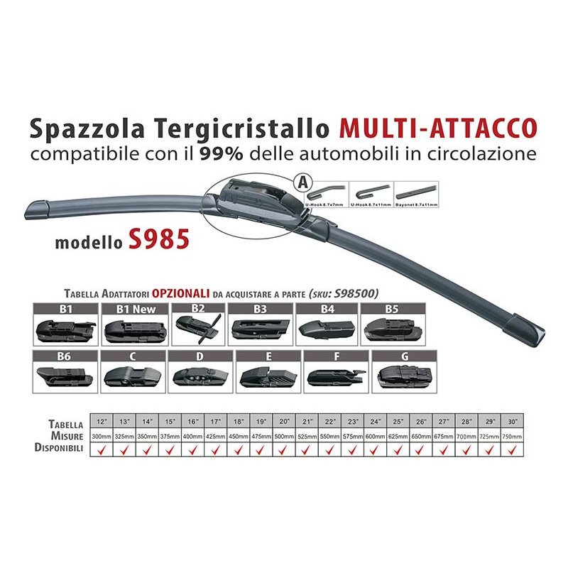 Spazzola Tergicristallo Auto Universale S985 14'' 350mm Carall 16 Attacchi Opzionale