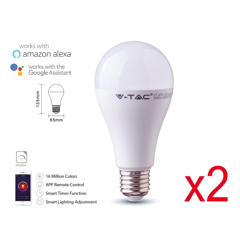 V-TAC Smart Lampada Led Bulb E27 A65 15W WiFi RGB CCT Dimmerabile APP Compatible Amazon Alexa Google Home SKU-2753