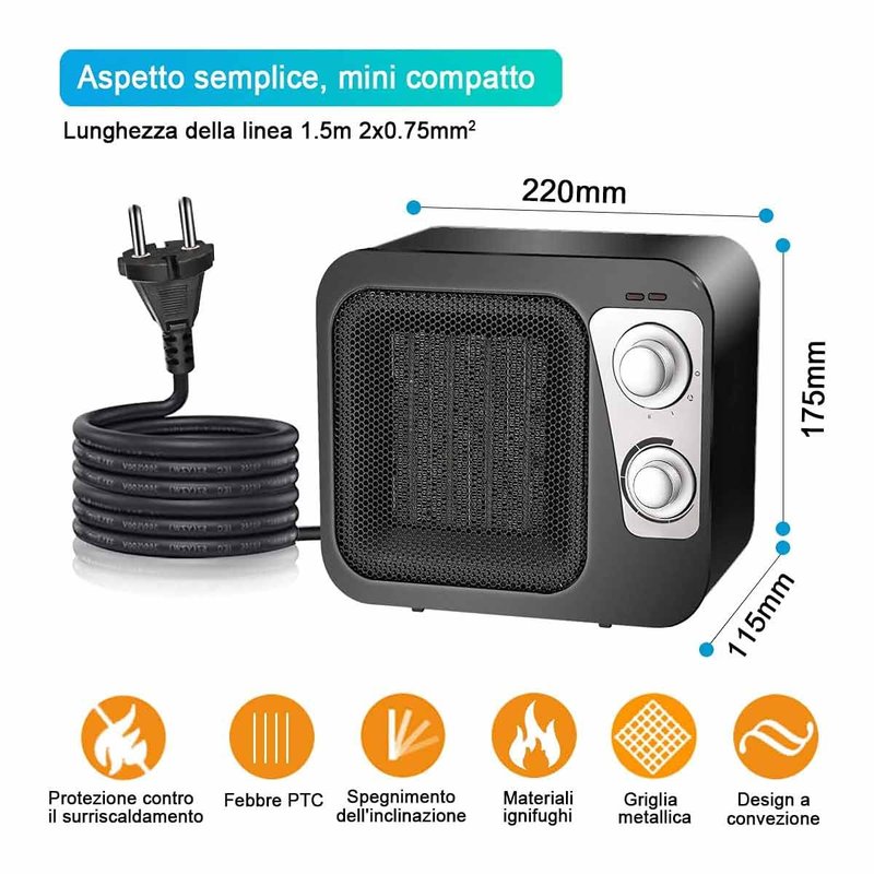 Termoventilatore in Ceramica 1800W Con 2 Livelli di Riscaldamento Nero