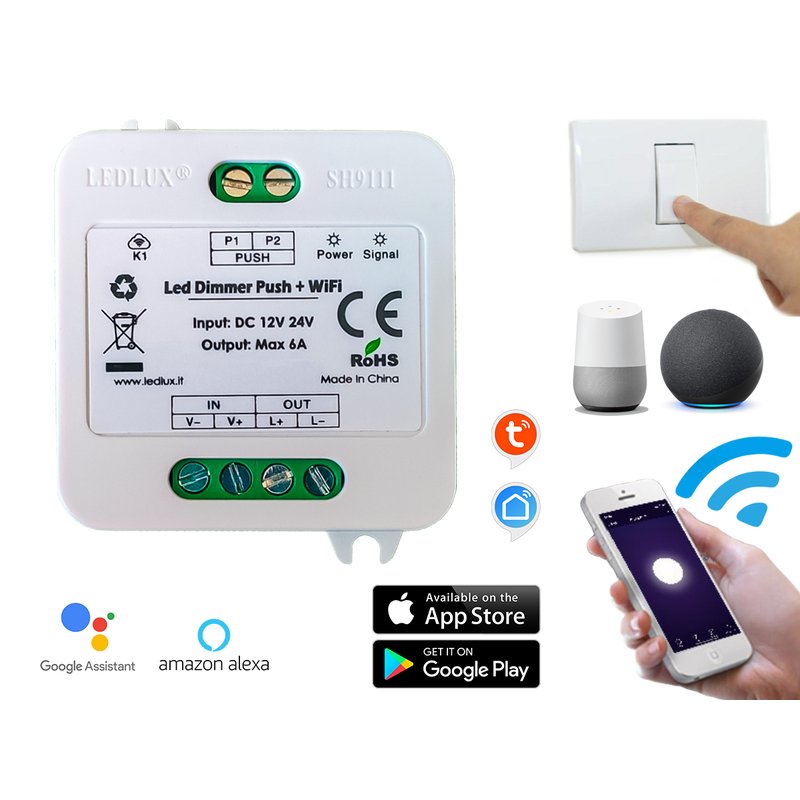 Led Dimmer Con Pulsante Memoria 12V 24V 6A WiFi Smart Per Striscia Led Compatibile Con Alexa Google Home