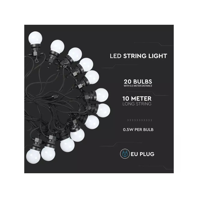 Stringa Catena Con 20 Lampade Led Caldo 3000K Rotolo da 10 Metri IP44 Per Giardino Festa Matrimonio Natale Halloween SKU-7439