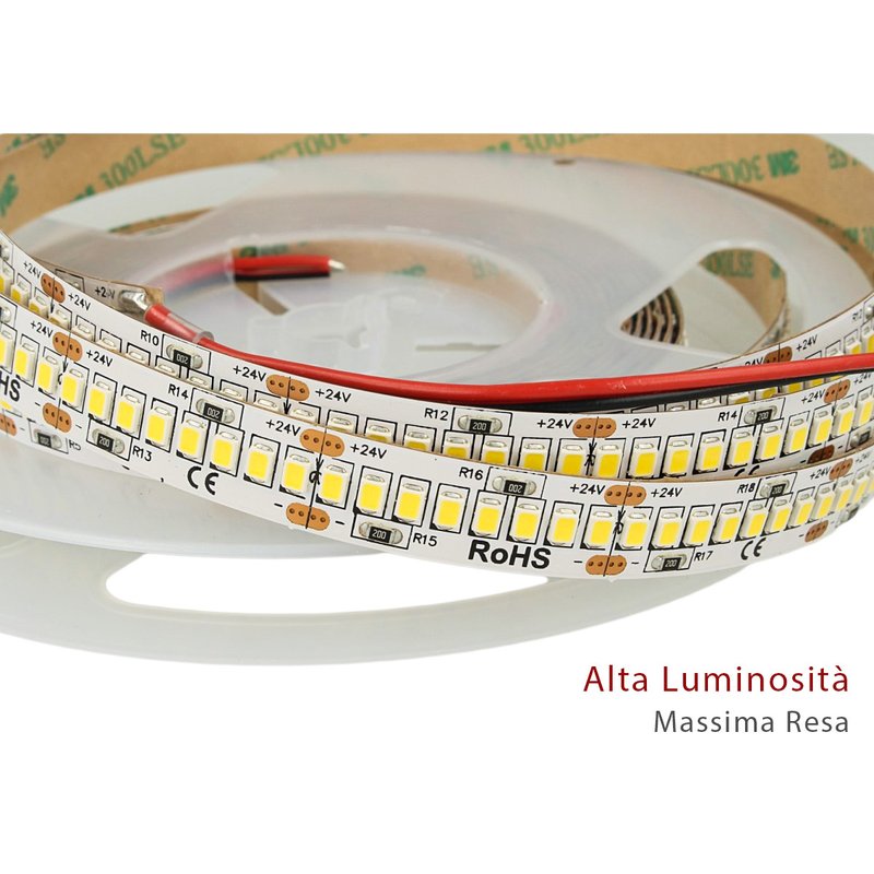 24V Bobina Striscia Led 30W/M 140LM/W 4200LM/M Bianco Caldo 3000K 1200 Smd 2835 5 Metri