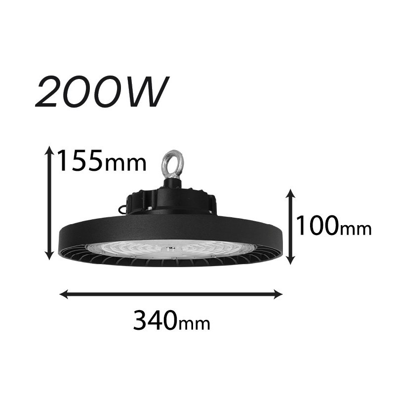 Faro Led Industriale UFO 200W 160lm/W 32000 LM Neutro 4000K IP65 90 Gradi Disco Rotondo Per Capannoni