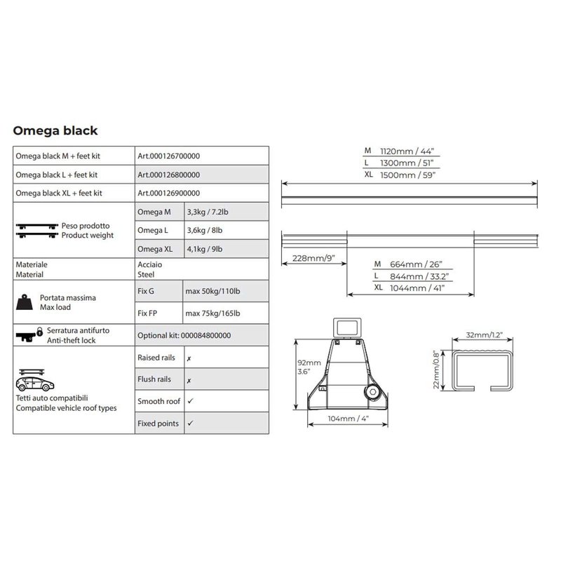 Coppia di Barre Portapacchi per Tetto Auto Barre Omega in Acciaio Zincato Compatibile con KIT G/KIT FP 130cm L + Piede