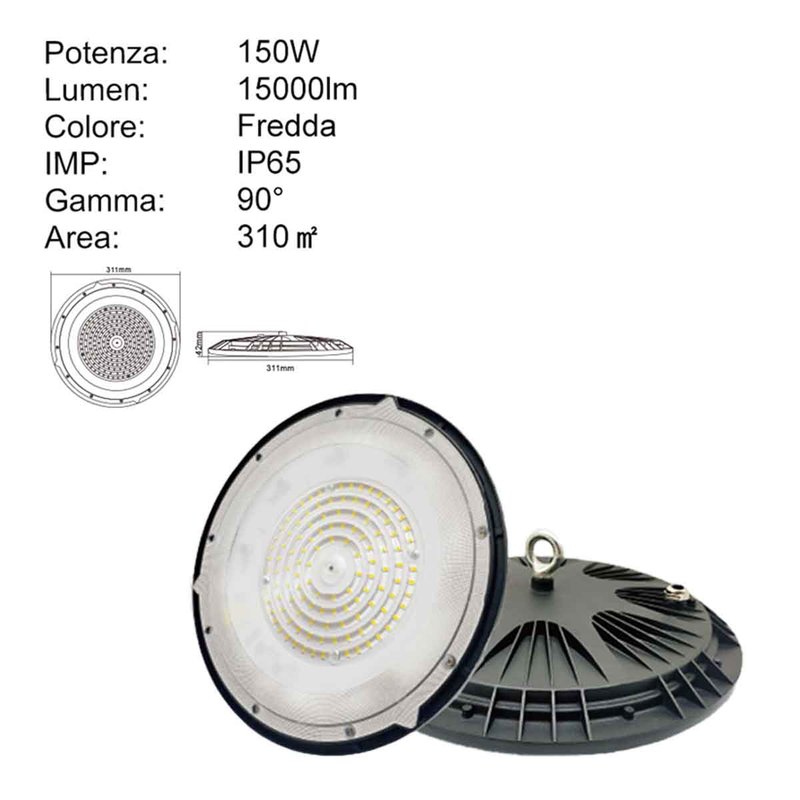 Faro LED Industriale 150W 15000lm 6500K Luce Fredda IP65 Ampia Area di Copertura