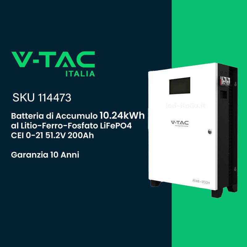 Batteria di Accumulo Per Fotovoltaico, Litio-Ferro-Fosfato LiFePO4, BMS Integrato CEI 0-21, Garanzia 10 Anni (10.24KWh 51.2V 200Ah)