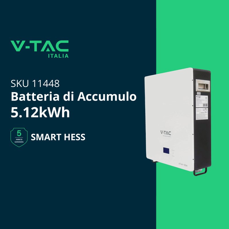 Batteria di Accumulo Per Fotovoltaico, Litio-Ferro-Fosfato LiFePO4, BMS Integrato CEI 0-21, Garanzia 10 Anni (5.12KWh 51.2V 100Ah a Terra)