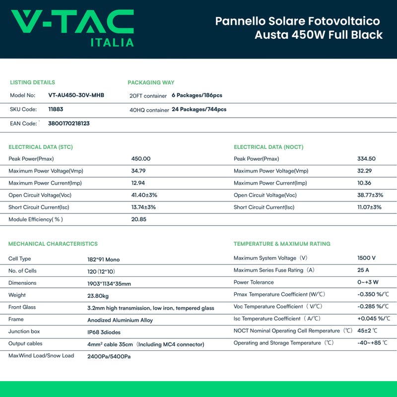 KIT Fotovoltaico Trifase Completo 10KW Con 22 Moduli 450W, Batteria di Accumulo 20kWh, Inverter Trifase Ibrido 10kW, Quadro AC + Quadro DC 10KW da Trifase