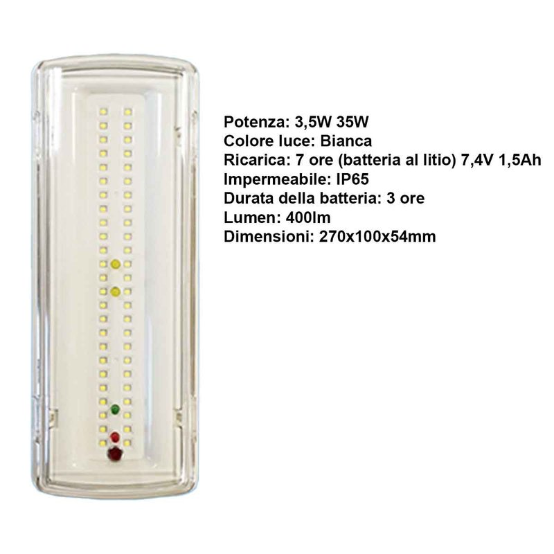 Lampada di Emergenza a LED 3.5W 400lm Luce Fredda 6500K Autonomia 3 Ore Batteria Ricaricabile al Litio Modalità Maintained e Non-Maintained