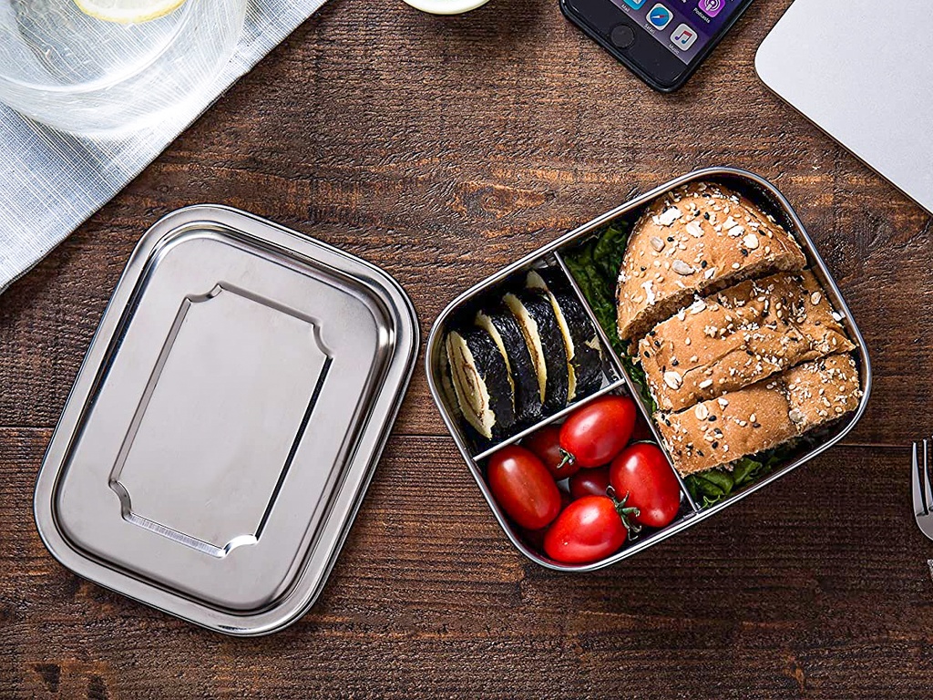 Lunchbox in Acciaio Inox Contenitore Per Pranzo Scatole Bento con Tre Scomparti 1200ml Portapranzo per Scuola Ufficio Campeggio