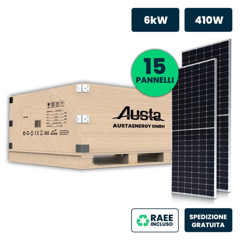 Set Pannelli Solare Fotovoltaico Monocristallino, 6KW 15 Moduli 410W Silver 1722X1134X35mm