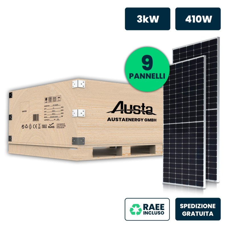 Set Pannelli Solare Fotovoltaico Monocristallino, 3KW 9 Moduli 410W Silver 1722X1134X35mm