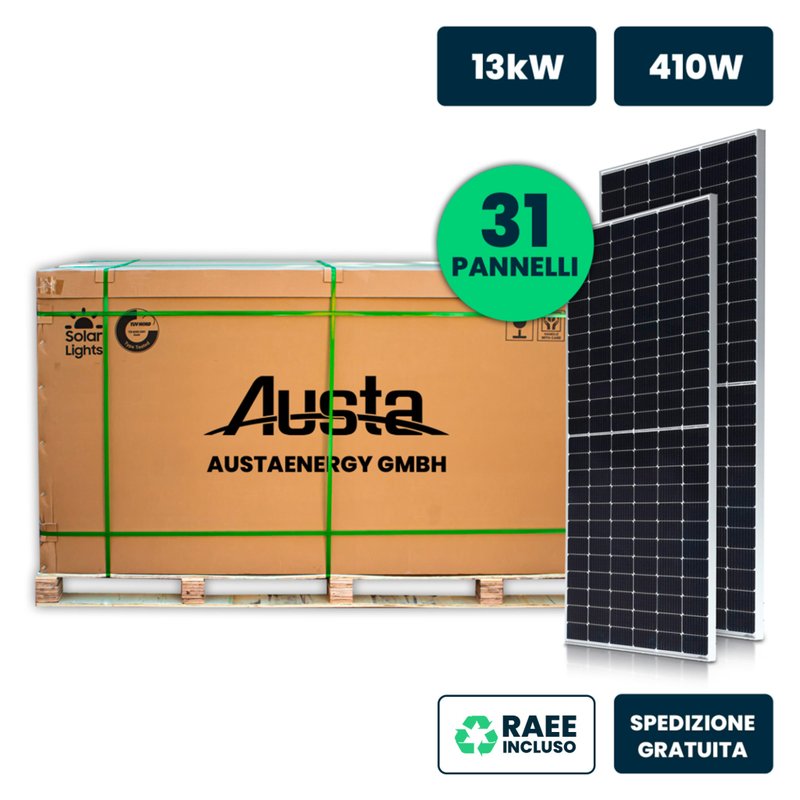 Set Pannelli Solare Fotovoltaico Monocristallino, 13KW 31 Moduli 410W Silver 1722X1134X35mm