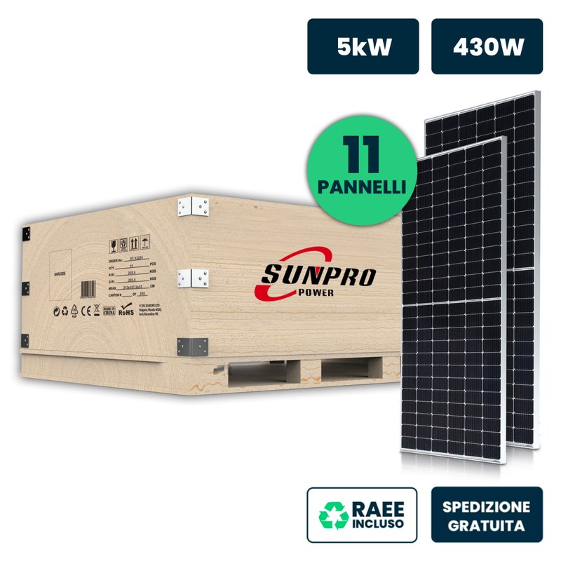 Set Pannelli Solare Fotovoltaico Monocristallino, 5KW 11 Moduli 430W Silver 1722X1134X30mm