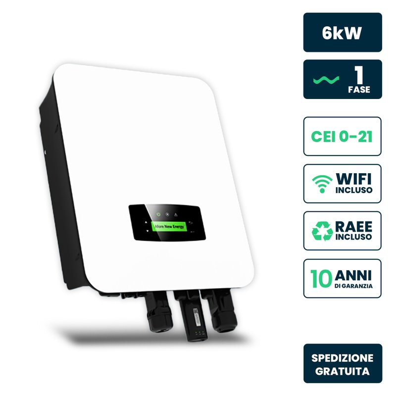 Inverter Fotovoltaico Monofase, Ibrido On-Grid/Off-Grid, Certificato CEI 0-21, Smart Meter Integrato, WiFi e TA Inclusi, Garanzia 10 Anni, IP65 (6KW)