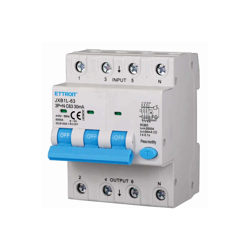 ETTROIT Interruttore Magnetotermico Differenziale 3P+N 63A 6KA 30mA 380V Occupa 4 Moduli DIN