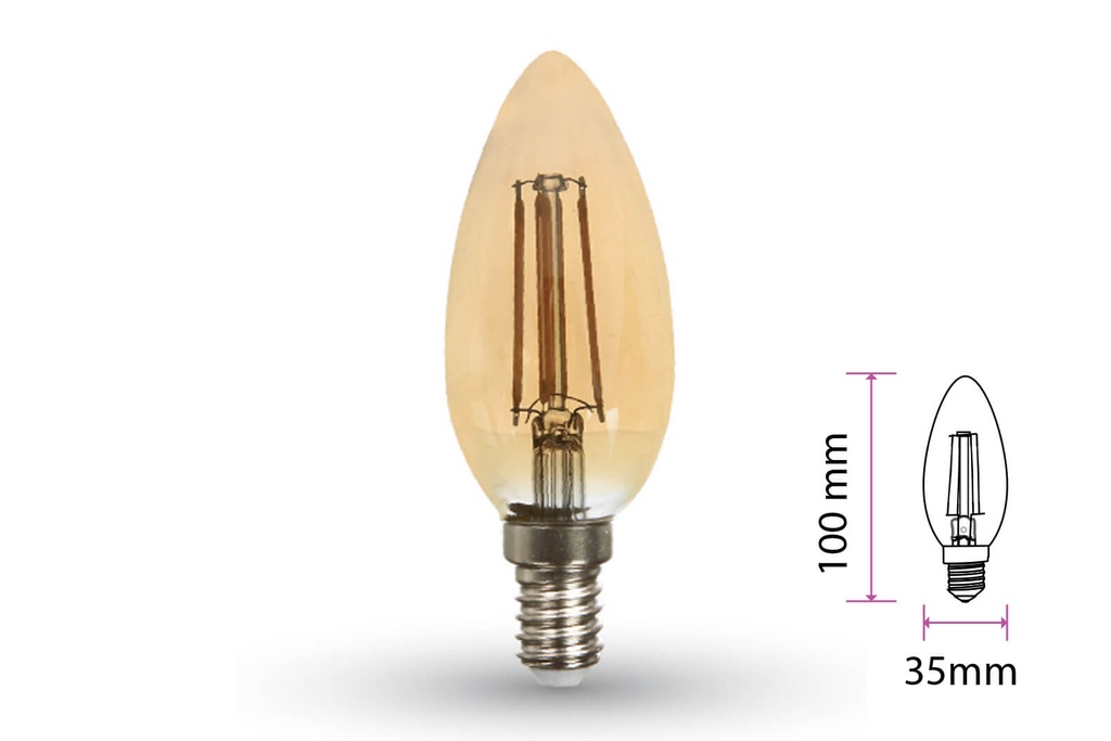 Lampada Filo Led a Filamento E14 C35 4W=35W Bianco Caldo 2200K Amber Candela A Goccia Oliva SKU-7113