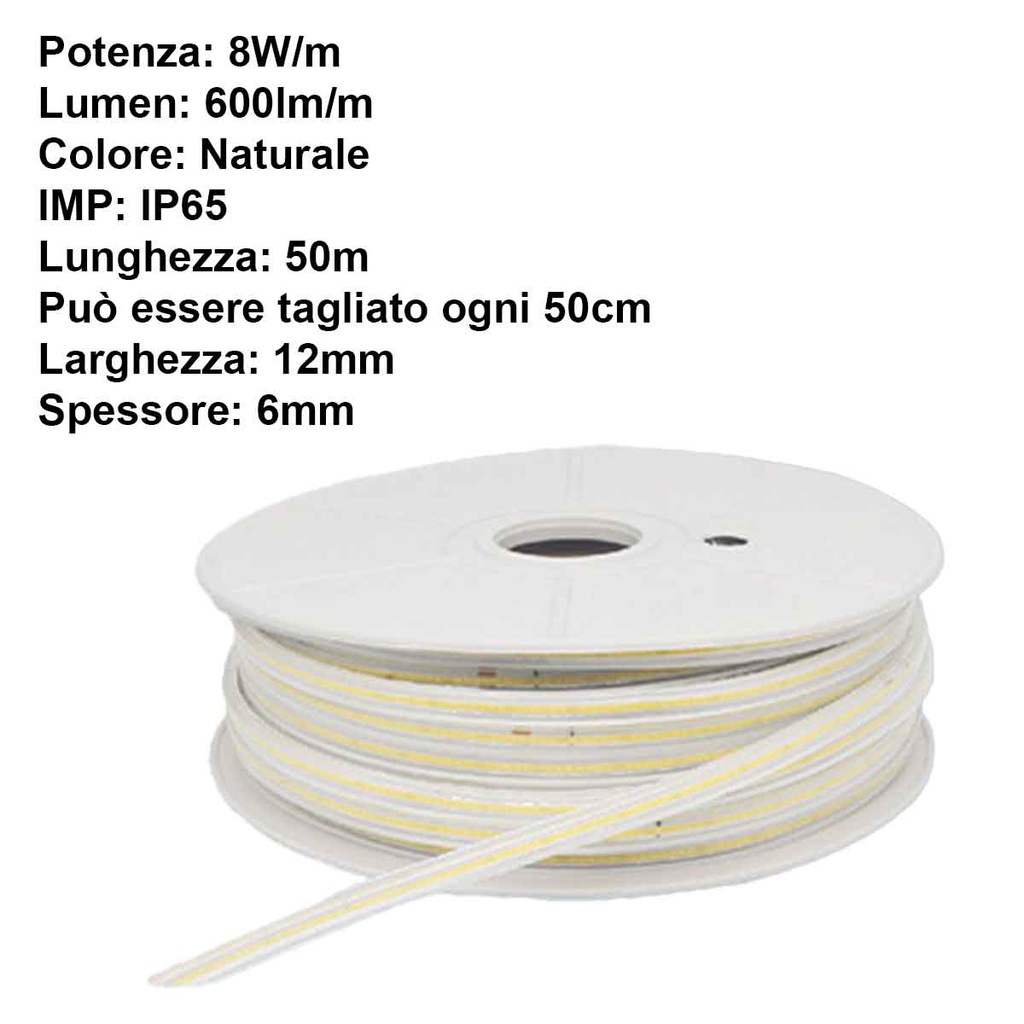 Striscia Luminosa COB 50M 8W/M 220V-240V Luce Naturale 4200K 600lm IP65 CRI=80 Angolo 180°