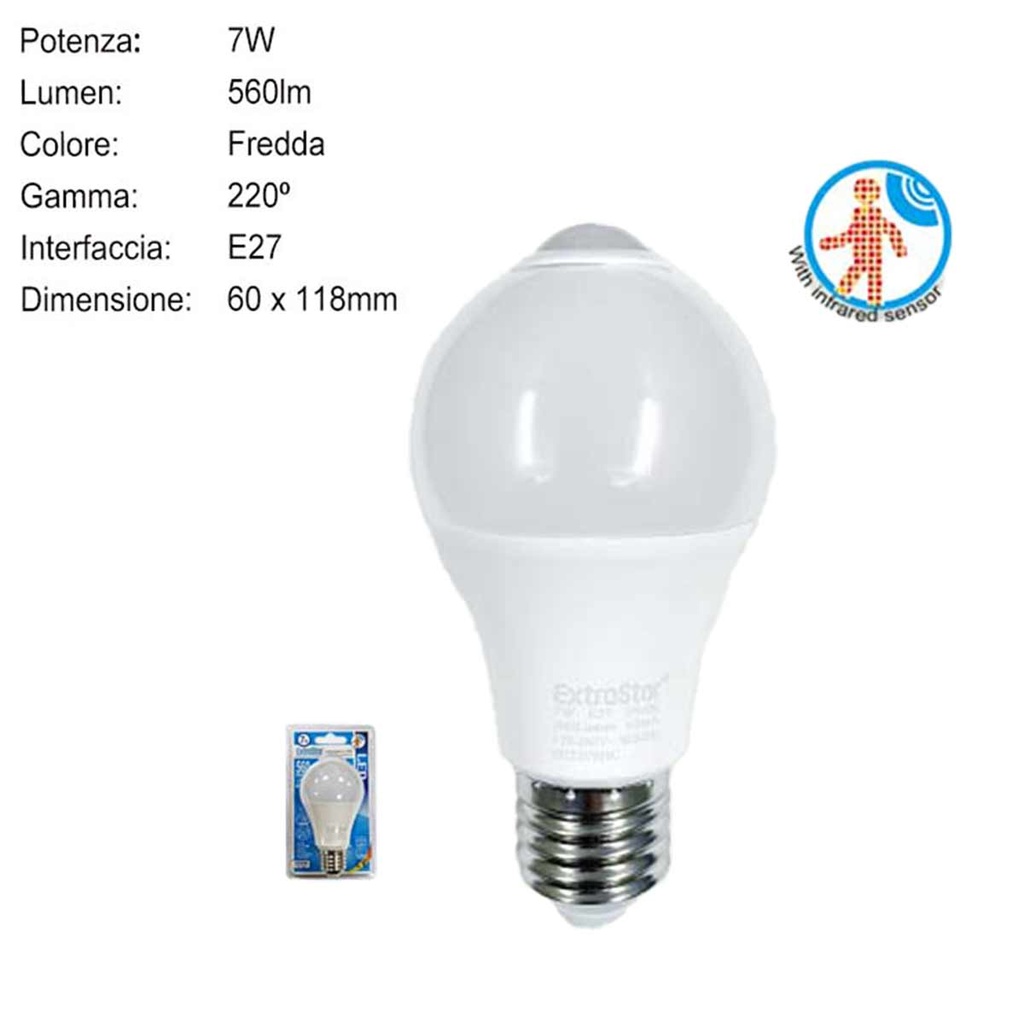 Lampada A Led E27 Con Sensore Movimento Infrarossi 7W 560 Lumen A60 6500K