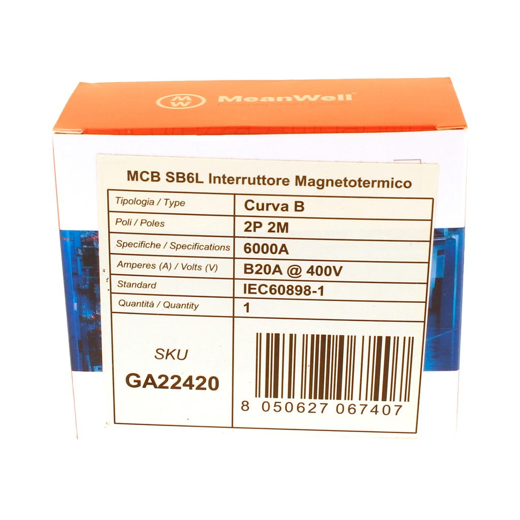 MeanWell MCB Interruttore Magnetotermico Automatico Curva B 2P 2M 6000A B20A AC 400V IP20 IEC60898-1