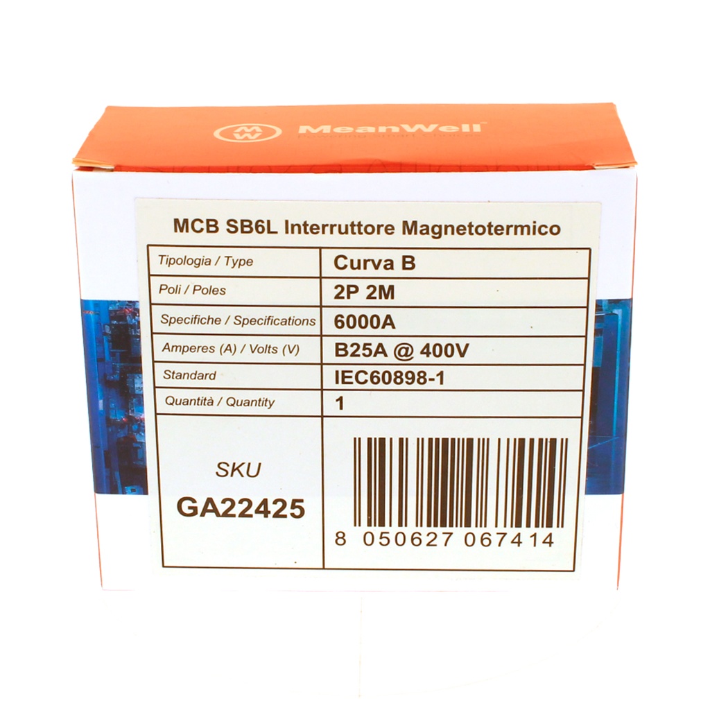 MeanWell MCB Interruttore Magnetotermico Automatico Curva B 2P 2M 6000A B25A AC 400V IP20 IEC60898-1