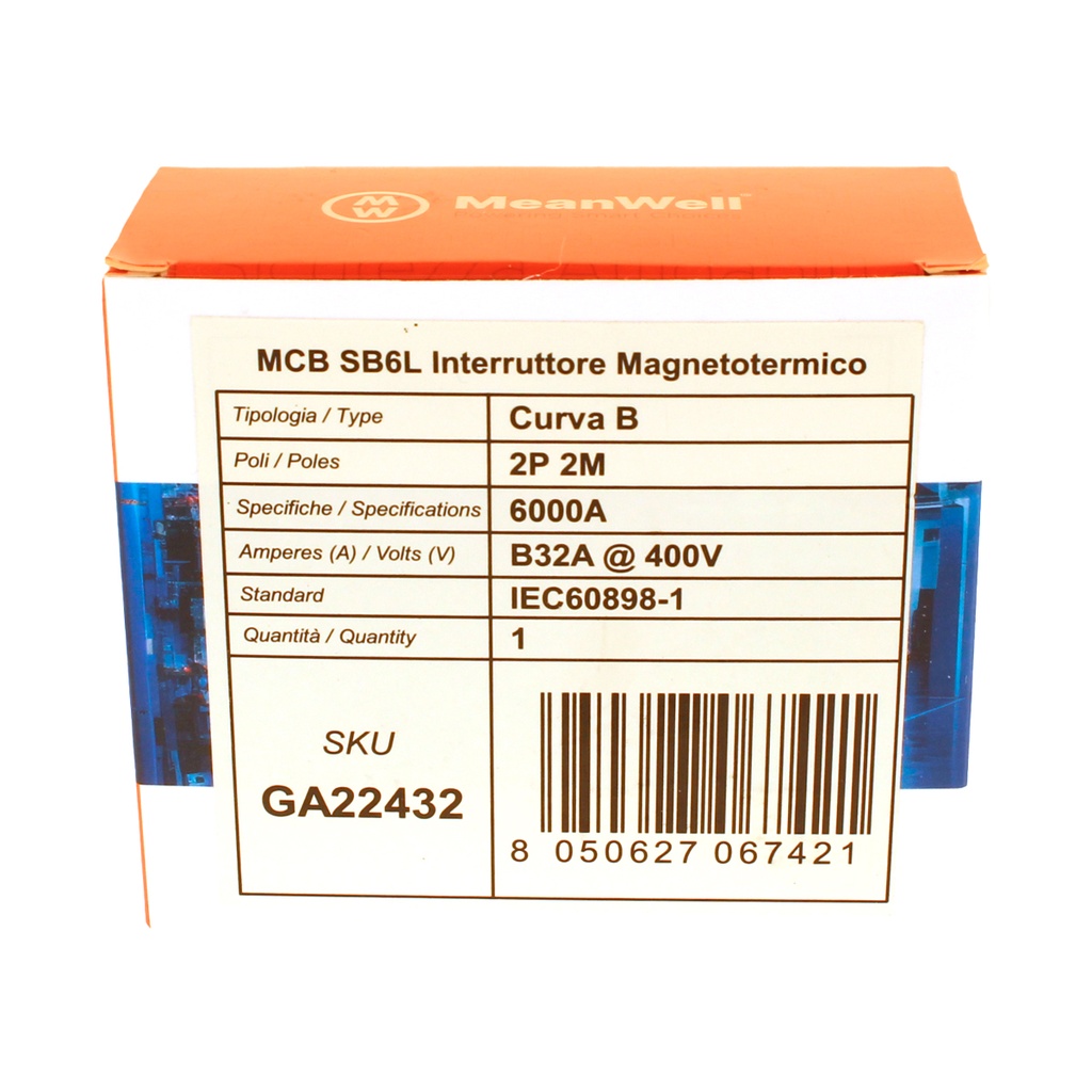 MeanWell MCB Interruttore Magnetotermico Automatico Curva B 2P 2M 6000A B32A AC 400V IP20 IEC60898-1