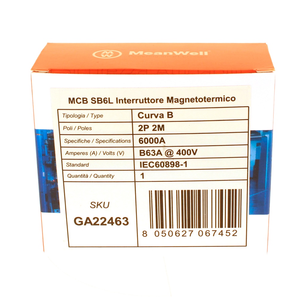 MeanWell MCB Interruttore Magnetotermico Automatico Curva B 2P 2M 6000A B63A AC 400V IP20 IEC60898-1