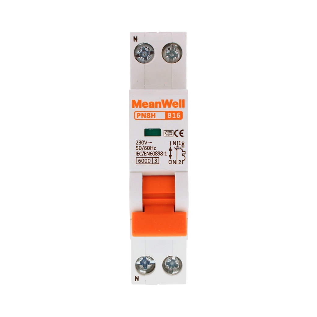 MeanWell MCB Interruttore Magnetotermico Automatico Curva B 1P+N 1M 6000A B16A AC 230V IP20 IEC60898-1