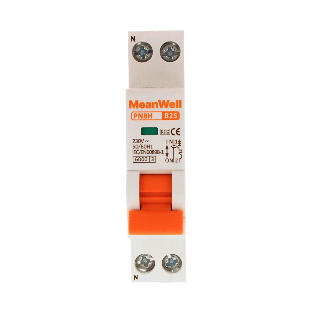 MeanWell MCB Interruttore Magnetotermico Automatico Curva B 1P+N 1M 6000A B25A AC 230V IP20 IEC60898-1